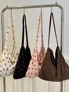 Sac fourre-tout en velours côtelé imprimé fraises en quatre couleurs pour l'école et loisirs