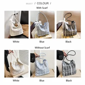 Detailed grid view showing lace bow bucket bags in white, blue and black canvas options