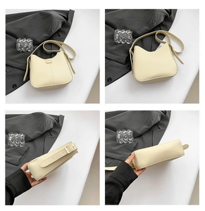 Detailed views of a cream PU leather shoulder bag with wavy top edge and wide strap
