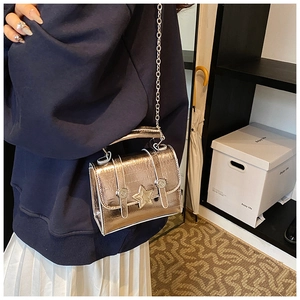 Dettaglio mini borsa argento con fibbia a stella e tracolla a catena metallica