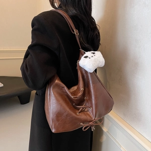 Borsa a Spalla da Donna Capiente Vintage in Pelle Sintetica Hobo Tote Con Design a Lacci Tinta Unita Borsa per Pendolari