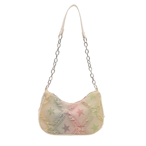 Y2K denim shoulder bag with gradient star patterns and fringe trim details