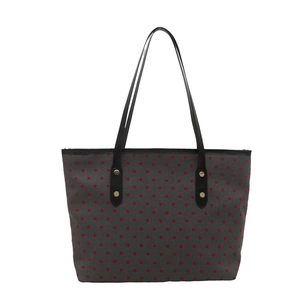 Large capacity grey tote bag with red heart pattern and black faux leather straps