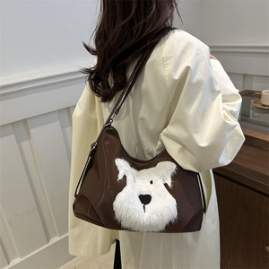Chic dark brown shoulder bag with white plush schnauzer puppy patch for casual use