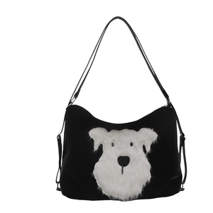 Minimalist black tote bag featuring a white plush schnauzer dog pattern on the front