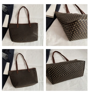 Multi-angle views of large brown tote bag with golden geometric pattern for commuting