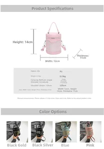 Detailed size specifications and material chart for butterfly print mini bucket bag