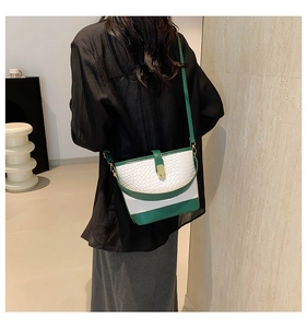 Detail of vintage green snake pattern bucket bag with golden twist lock on model