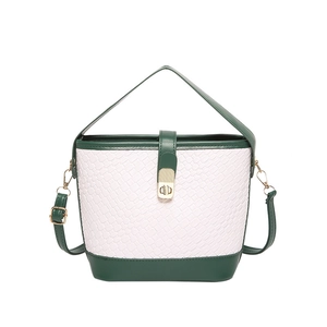 Green and white minimalist woven texture bucket bag with crocodile pattern and top handle
