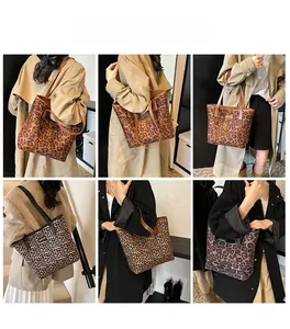 Collage of large leopard print tote bags styled with coats in minimalist indoor settings