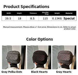 Detailed size specifications for a canvas crossbody bag with heart and polka dot patterns