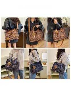 Detail shots of large leopard print tote bag with plush bear charm in brown and grey