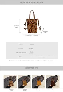 Detail view showing dimensions 15x19x5cm for the faux suede leopard print crossbody bag