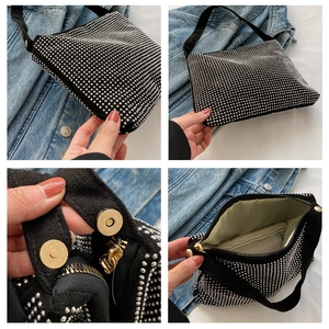 Detailansichten einer schwarzen Strass-Schultertasche mit Magnetverschluss und Reißverschluss