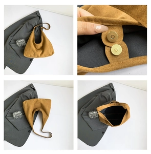 Dettagli della borsa a spalla in camoscio marrone con chiusura magnetica e fodera