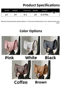 Detailed size chart and dimensions for the retro M-print crescent hobo bag in five colors