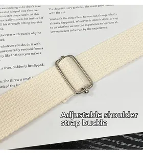 Detail of adjustable off-white woven shoulder strap with polished silver metal ring