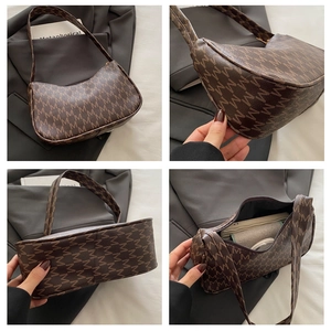 Detail shots of brown crescent underarm bag with all-over M-letter print and interior space