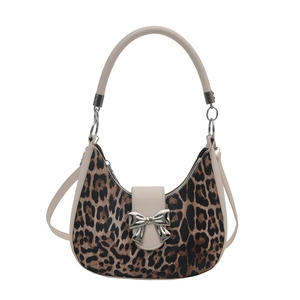 Borsa hobo retrò leopardata con finiture in pelle crema e fibbia a fiocco argento