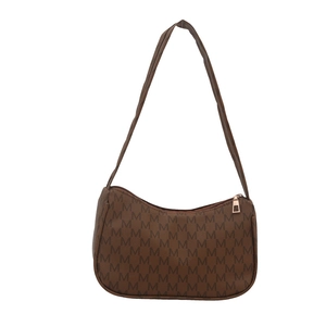 Retro brown crescent hobo bag with M-letter monogram print and gold zipper detail