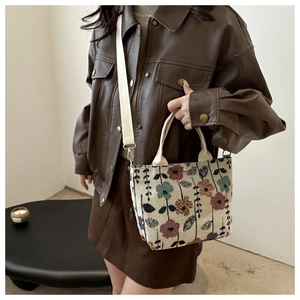 Close-up of vintage floral canvas tote with jacquard patterns and detachable shoulder strap