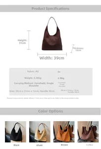 Detailed dimension guide of a PU leather tote bag measuring 39x31x13cm in four colors