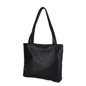 Minimalist black PU leather tote bag with long shoulder straps and metal zipper closure