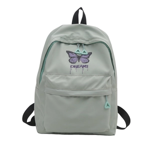 Cute light green school backpack with purple butterfly print and DREAMS slogan for girls