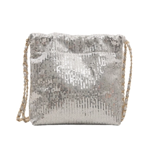 Elegant silver sequin crossbody bag with gold metal chain strap for women