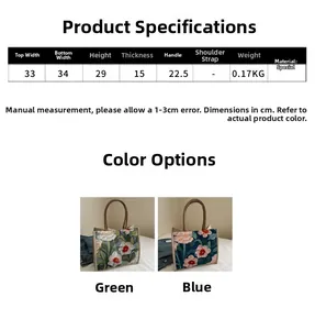 Tableau des tailles détaillé et dimensions pour le sac à main floral en toile de coton