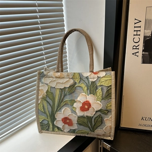 Artistic oil painting floral print canvas tote bag with textured relief pattern design