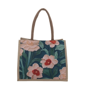 Artistic oil painting floral print canvas tote bag with brown woven top handles