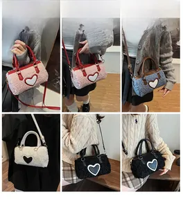 Detailed views of faux fur heart crossbody bags in pink, blue, white, and black colors