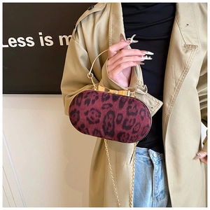 Detail of leopard print handbag with golden round handle and elegant bow clasp closure
