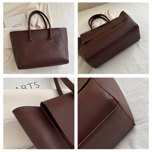 Detailed views of dark brown tote bag showing smooth matte texture and precise stitching
