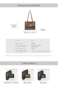 Detailed size chart and specifications for the leopard print tote bag in three colors