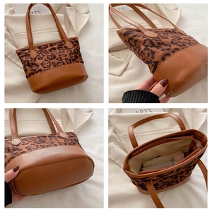 Multi-angle views of a leopard print tote bag with brown leather trim and zipper closure