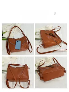 Collage of an amber brown leather convertible tote bag showing front and side views