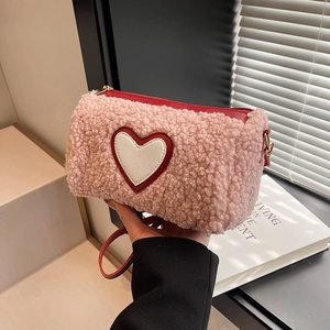 Borsa a Mano da Donna in Peluche a Cuore Moda Invernale in Lana di Agnello Sintetica Borsa a Tracolla Minimalista Quadrata