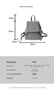 Spécifications de taille détaillées du mini sac à dos en laine grise avec bretelles