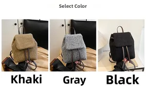 Mini sacs à dos en peluche en kaki, gris et noir avec cordon et brides en cuir