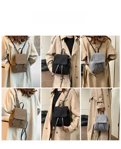 Vues détaillées du mini sac à dos en similicuir d'agneau en marron, noir et gris chic