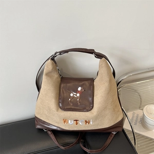 Retro canvas and leather tote bag with puppy embroidery and MUTECHI lettering