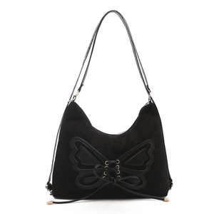 Grande borsa tote nera classica con fiocco in pelle scamosciata e spalline eleganti