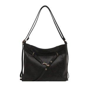 Classic black PU leather shoulder bag with gold buckles and dual straps on white background