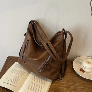 Grand sac cabas rétro marron foncé avec poches à double fermeture éclair et bandoulière