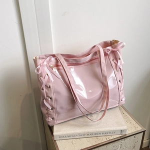 Large Capacity Japanese Style Ita Bag With Ribbon Bow Decoration Transparent PVC Nylon Tote Bag For Women Daily Casual Shoulder Bag