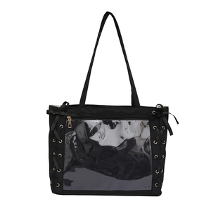 Black ita bag tote with clear PVC display pocket and decorative ribbon side lacing