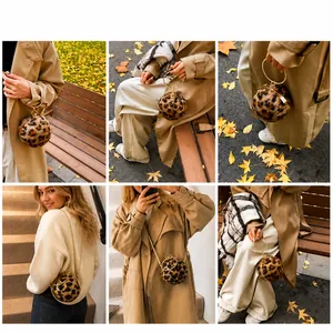 Collage of a leopard print plush ball bag showing crossbody and handheld styling