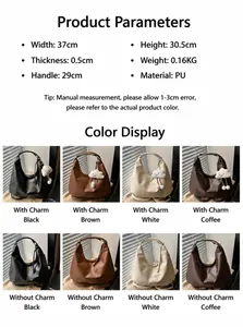 Size chart showing large capacity PU tote bag dimensions with chain and cloud charm